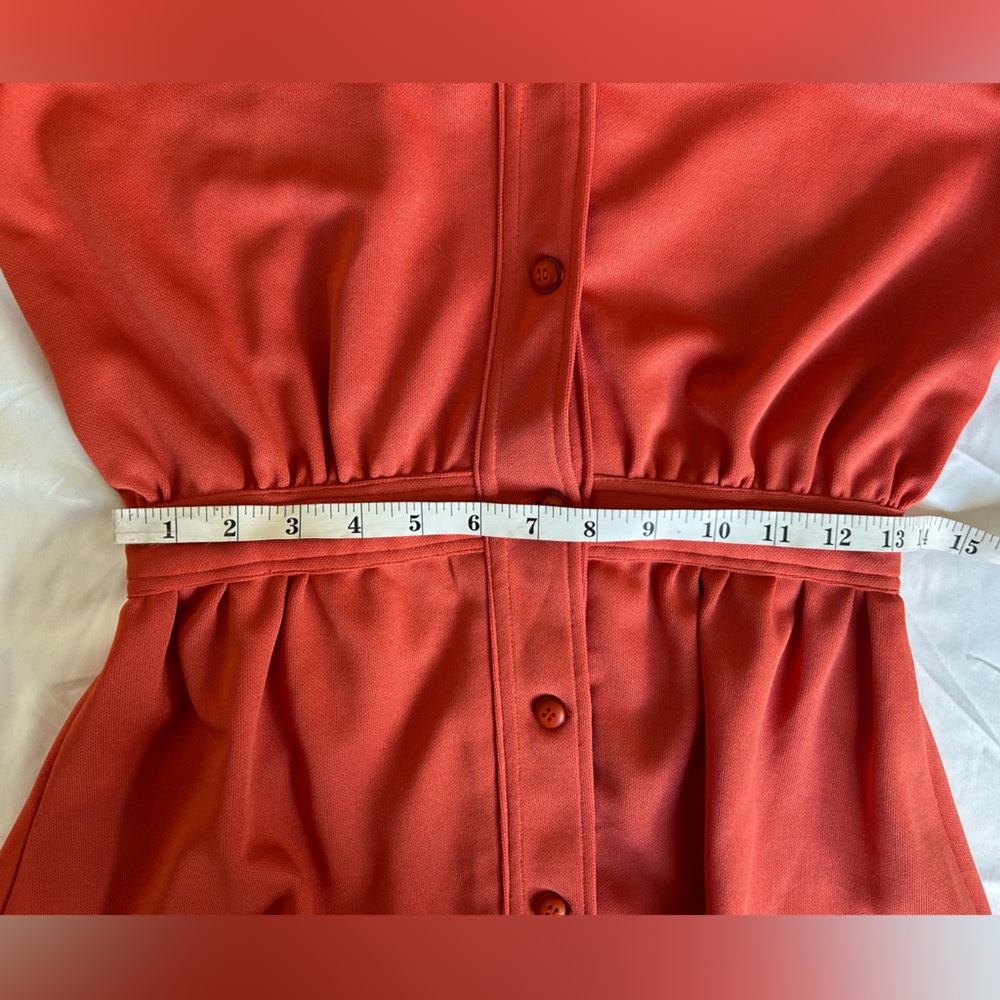 Vintage 70s Burnt Orange Peplum Long Sleeve Dagger Collar Button Up Shirt Blouse - Picture 8 of 13